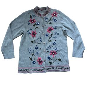 Vintage Norm Thompson Embroidered Cardigan Womens Size Large Floral Gray Buttons